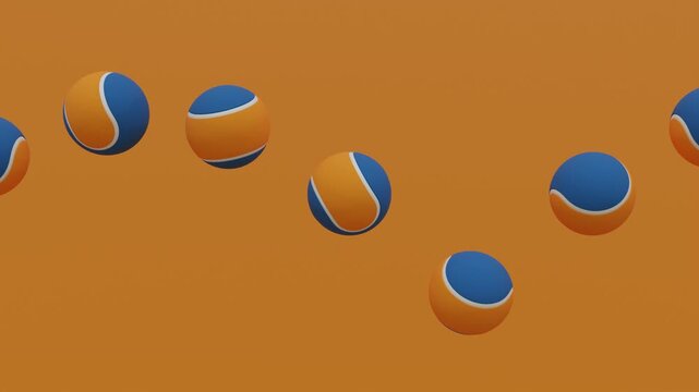 Abstract 3D animation with blue and orange tennis balls aligned in a clean straight line, bouncing smoothly on an orange surface, creating colorful rhythmic motion with minimal geometric design