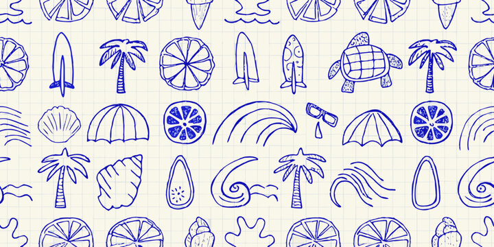 tropical elements hand drawn sketch pattern on grid background palm tree turtle surfboard shell fruit waves monochrome blue illustration summer beach