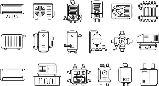 HVAC Equipment Silhouette Icon Set &ndash; Black Heating, Ventilation, Air Conditioning, Boiler, Pump, Radiator and Cooling System Vector Collection