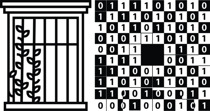 Abstract concept vector icon combining prison window bars with a digital binary code grid pattern isolated on white