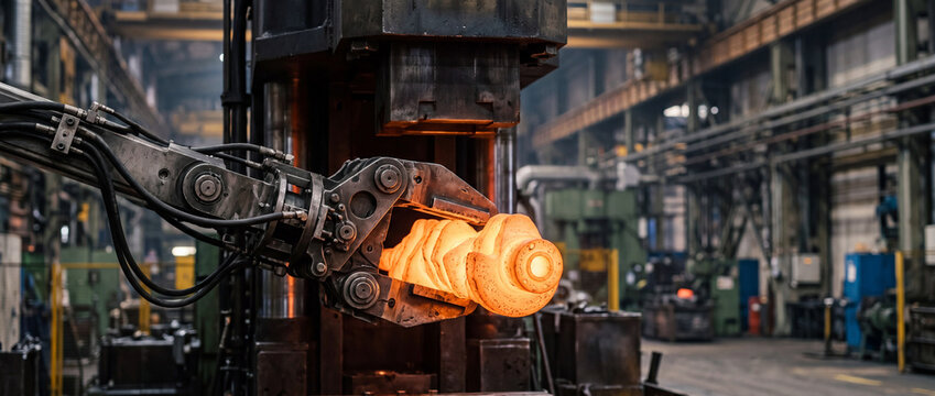 Robotic arm forging hot steel billet in industrial metalworking factory plant