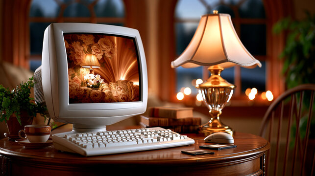 Vintage computer monitor displays a still life with flowers and a lamp, beside a desk lamp and books.