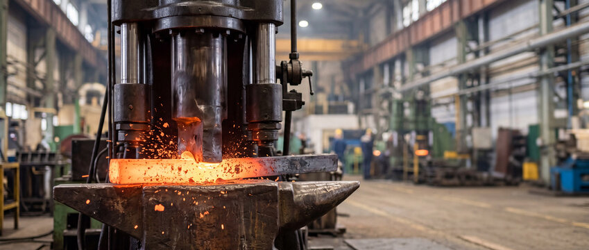 Hot metal is forged under a hydraulic press on an anvil inside a busy industrial workshop