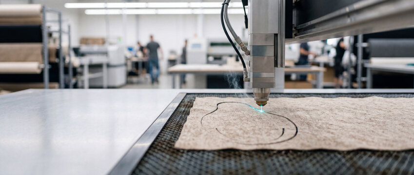 Industrial laser cutting fabric in textile workshop with CNC machine and precision manufacturing process
