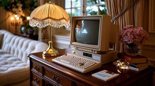 Vintage computer setup with a classic lamp and floral arrangement on a wooden desk