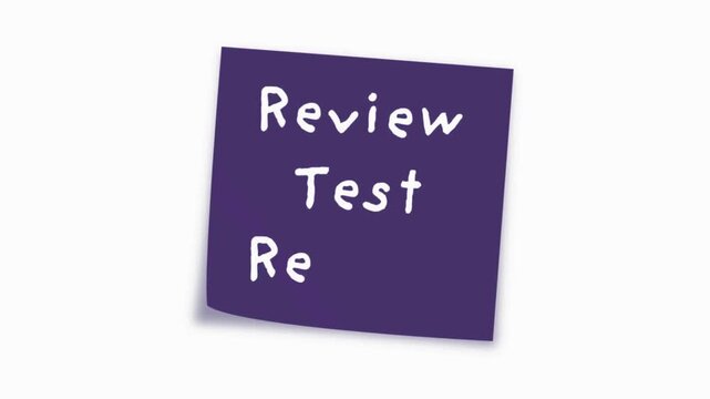Purple sticky note with handwritten text review test results isolated on white background