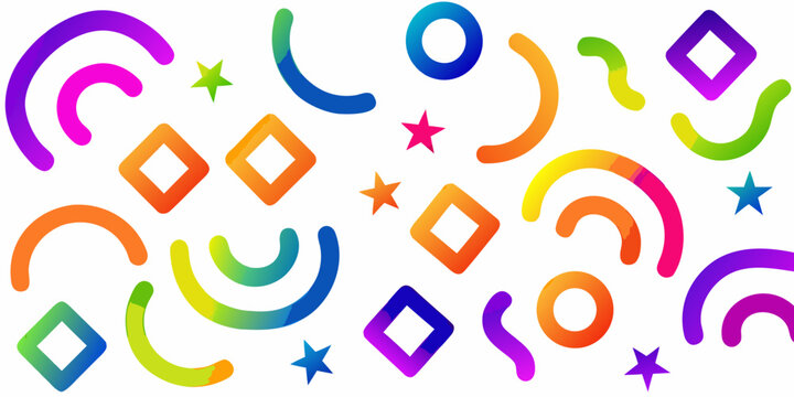 vibrant rainbow gradient squiggles and loops on white background colorful abstract pattern geometric diamonds stars curves lines shapes vector illustration design