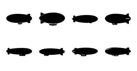 Black and white vintage airship illustrations - A set of stylized black and white silhouettes of vintage airships or blimps in different shapes and sizes for creative projects. © MST
