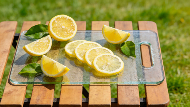 Lemon slices are arranged on a cutting board with green leaves on a wooden table. The setting is outdoors with grass in the background on a sunny day