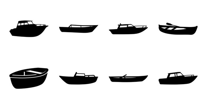Eight stylized boats in black and white vector icons - A clean collection of eight different boat silhouettes designed as minimalist vector icons, perfect for marine or nautical themes.