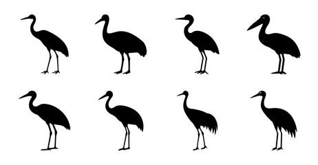 Black silhouette birds standing in a row - Six stylish black silhouette birds depicted standing upright in a clean, organized row for versatile design use. © MST