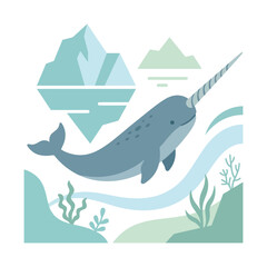 Minimalist narwhal vector illustration, arctic whale swimming near iceberg, flat geometric sea life animal graphic © Syeda