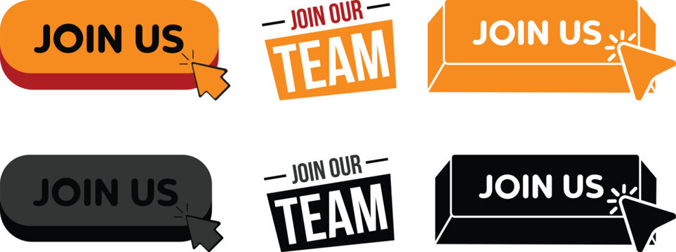 Creative Join Us, Join Now and Join Our Team badge collection with modern recruitment labels, hiring buttons, call to action banners and promotional sticker designs in vector style.