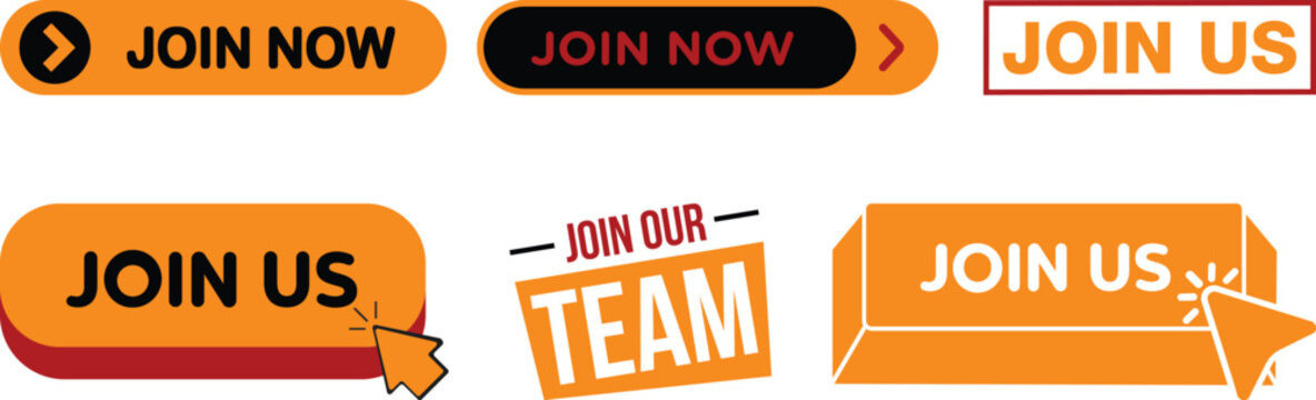 Creative Join Us, Join Now and Join Our Team badge collection with modern recruitment labels, hiring buttons, call to action banners and promotional sticker designs in vector style.