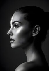 Fototapeta premium Stunning black and white portrait of a beautiful woman with elegant facial features
