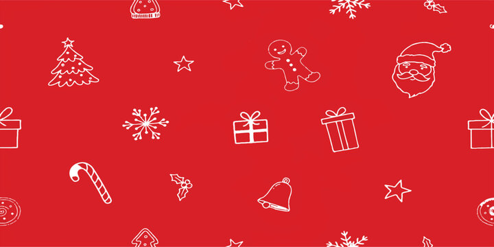 Seamless christmas pattern with hand drawn holiday icons on a vibrant red background