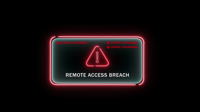 Cybersecurity alert featuring a glowing red neon warning sign and remote access breach text notification for digital network security protection and hacking threat prevention concepts
