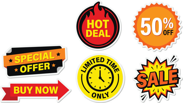 Collection of sale and offer stickers hot deal limited time only buy now special offer 50 percent off.