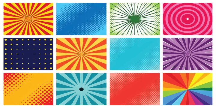 Set of colorful comic book style background patterns with halftone dots and radial sunburst lines