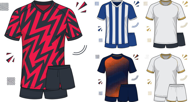 Set of soccer uniform templates featuring modern jersey designs with sublimated patterns stripes and matching sports shorts vector illustrations