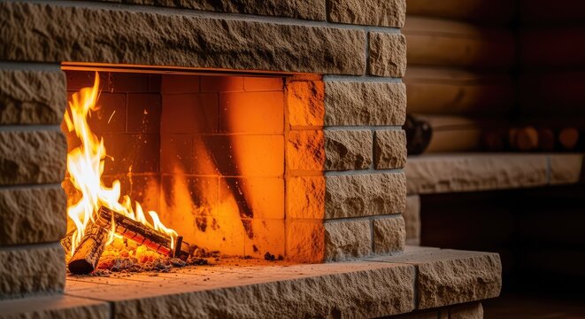 A warm and inviting fireplace built of textured sandstone blocks, featuring bright orange flames and glowing embers inside a rustic setting, fuel, fireplace, wood