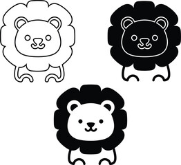 Fototapeta premium Collection of three cartoon lion heads in different styles with black and white outlines