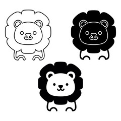 Fototapeta premium Collection of three cartoon lion heads in different styles with black and white outlines