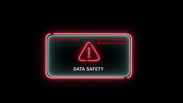 Digital data safety alert notification with glowing red neon warning triangle and rapidly changing numerical code sequences for cybersecurity protection and information privacy concept visualization