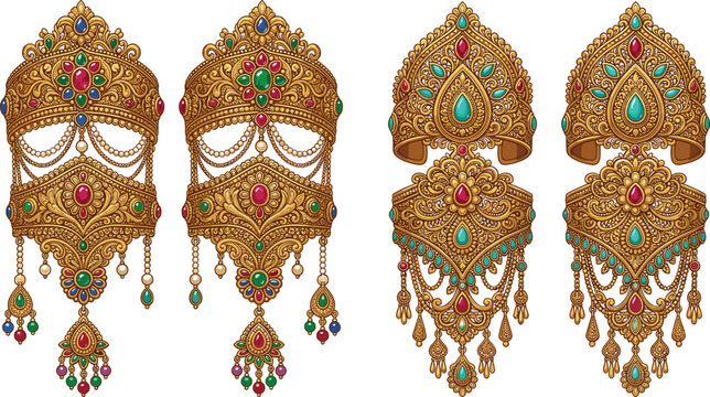 Traditional Indian Gold Bridal Jewelry Vector Set Featuring Royal Armlets Bajuband and Kada Ornaments with Ruby Emerald and Turquoise Gemstones for Weddings