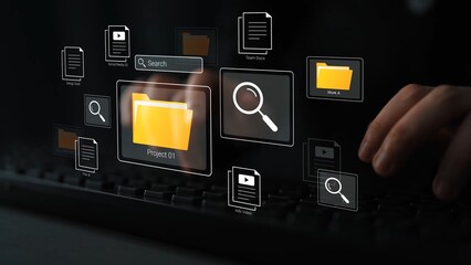 Fototapeta premium Hands Typing on Keyboard with Digital File Management Interface Displaying Folders and Search Functionality for Organized Data Management and Retrieval Gluon.