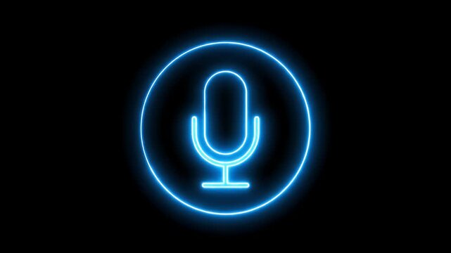 Microphone icon neon glowing animation for voice command and audio recording technology