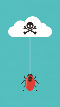 Minimalist danger concept with hanging beetle and skull cloud graphic illustration halloween abstract negative pesticide isolated background creature venomous