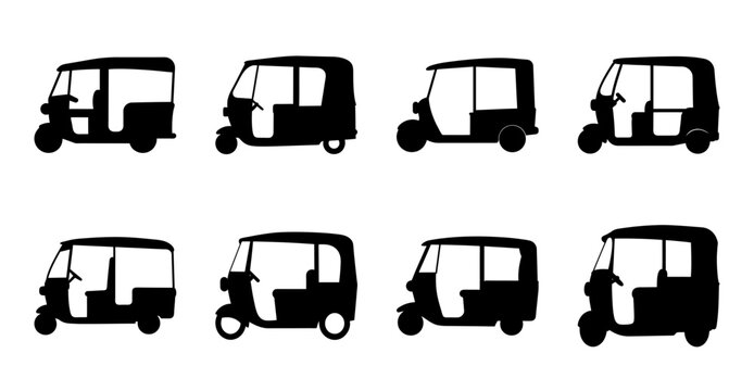 Black auto rickshaws in a row - A clean set of black silhouette-style auto rickshaws aligned neatly in a row, ready for stock use.