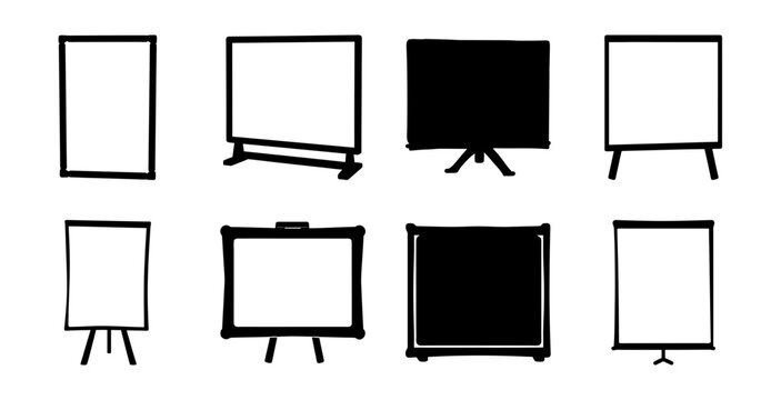 Flat pack presentation screen and easel set - Minimalist flat pack display showing different types of presentation screens and easels for meetings, classrooms, or offices.