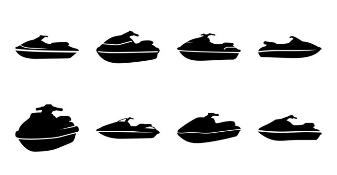 Modern jet ski silhouettes in various angles - Eight sleek jet ski silhouettes shown in different dynamic poses, ideal for sports, travel, or adventure-themed projects.