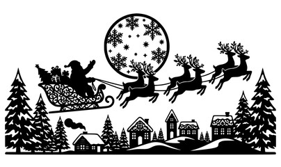 Papercut style christmas silhouette santa sleigh flying reindeer winter forest vector © ABDUL STUDIO