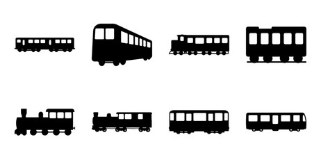 Black and white train set illustration - A clean, minimalist vector illustration of various black-and-white trains in a simple, organized layout. Perfect for educational or design projects. © MST