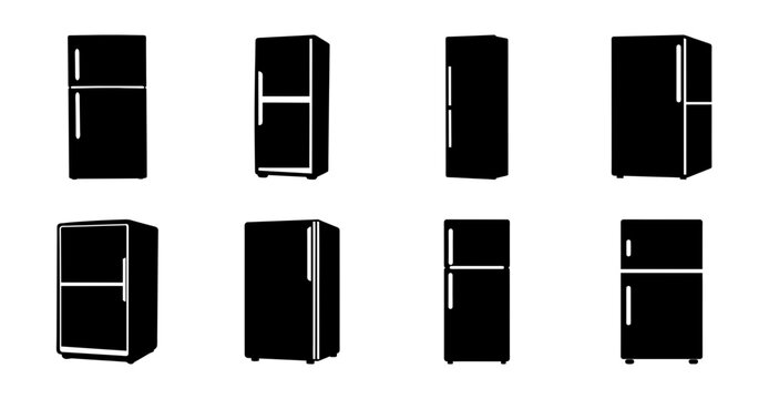 Flat pack refrigerator and freezer icons set - Minimalist black flat pack refrigerator and freezer icons in various styles and designs for modern graphic use.