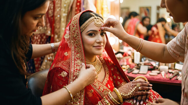 Indian bride getting ready with makeup artists before wedding.
