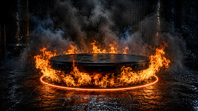 Dramatic fire engulfs a circular metal platform with neon light in a dark industrial setting