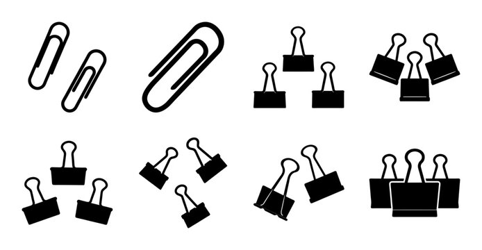 Assorted black and white office binder clips - Collection of various black and white binder clips in different shapes and sizes, perfect for office or stationery designs.