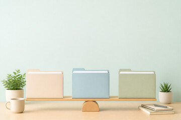 Fototapeta premium Three colored folders rest on a light wooden shelf against a pale blue wall, with small plants and books nearby.
