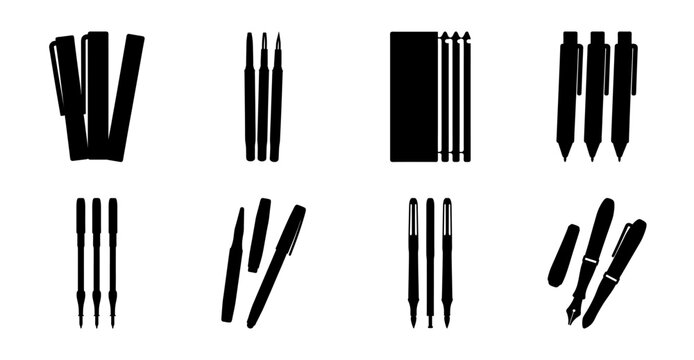 Black calligraphy brush pens set illustration - Minimalist vector illustration of various black brush pen tips and writing tools arranged neatly for artistic or stationery design use