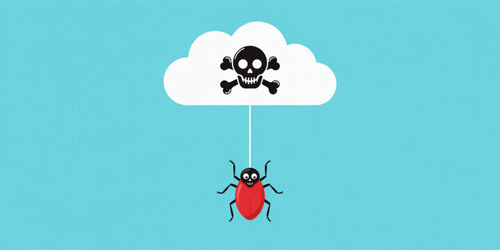 Cybersecurity risk illustration with a beetle insect hanging from a dangerous cloud icon cybersecurity computer protection internet technology illustration software infected electronic