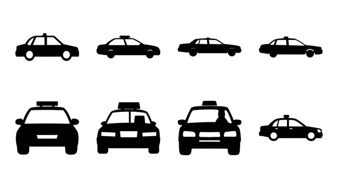 Black police cars and taxis icon set - Minimalist vector icons showing black police cars and taxi cars in side and front views for stock use.