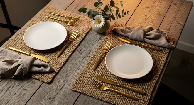 Elegant table setting with white plates and gold cutlery on rustic woven placemats