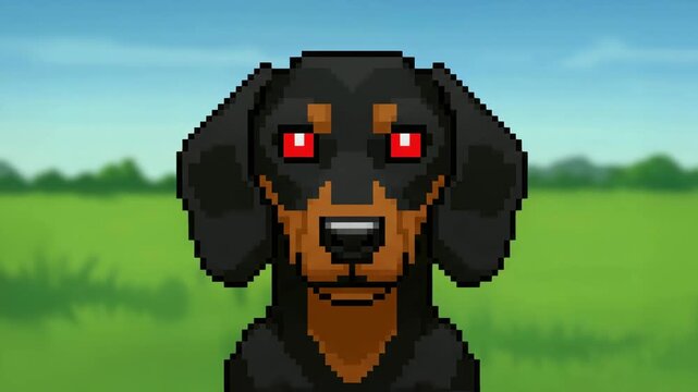 Pixel art dachshund dog with red glowing sight on green field, retro game character design, 8bit pet hero, arcade nostalgia.