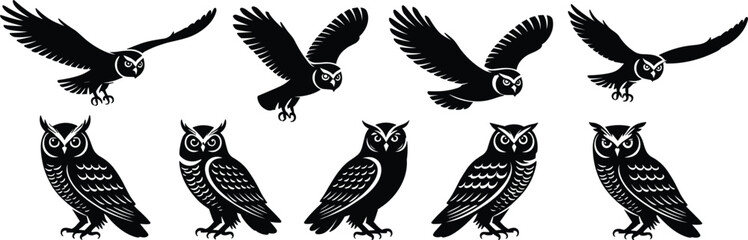 Naklejka premium Set of black owl silhouettes in various flying and perched poses, isolated on a white background, for wildlife and, nature themed projects