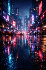 Obraz premium Vibrant urban nightscape with reflections.