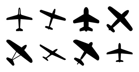 Variety of black airplane icons in different styles - Nine distinct black airplane icons showcasing different vintage and modern designs, perfect for infographics or presentations. © MST